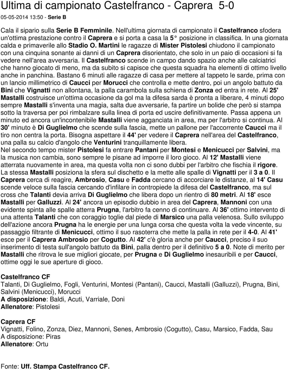 Martini le ragazze di Mister Pistolesi chiudono il campionato con una cinquina sonante ai danni di un Caprera disorientato, che solo in un paio di occasioni si fa vedere nell'area avversaria.