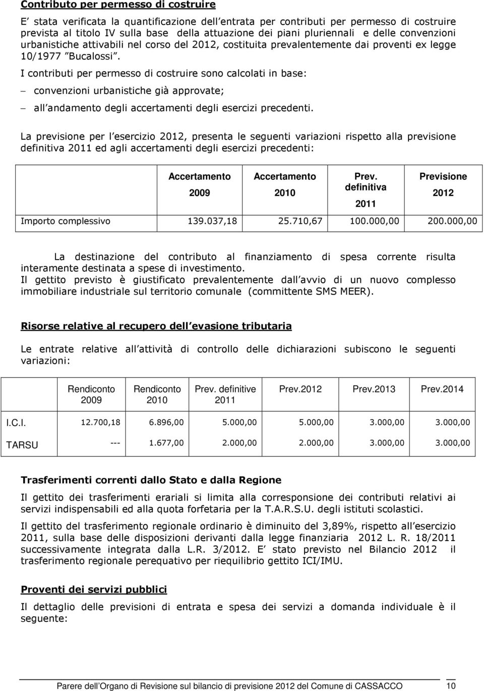 I contributi per permesso di costruire sono calcolati in base: convenzioni urbanistiche già approvate; all andamento degli accertamenti degli esercizi precedenti.