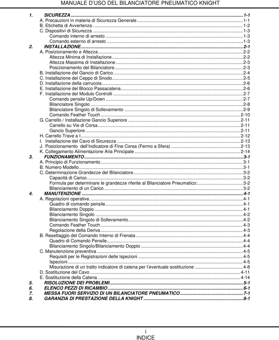 .. 2-3 Posizionamento del Bilanciatore... 2-3 B. Installazione del Gancio di Carico... 2-4 C. Installazione del Ceppo di Snodo... 2-5 D. Installazione della carrucola... 2-6 E.