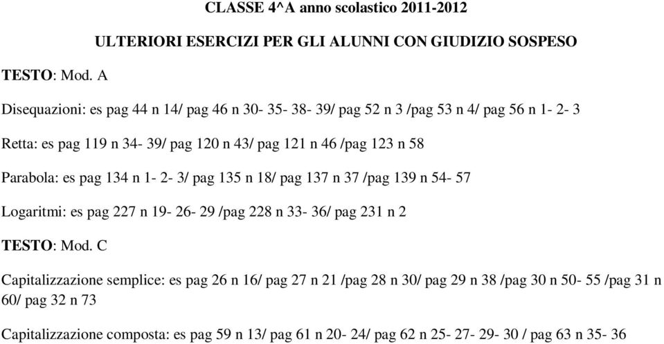 /pag 5 n / pag 56 n 1- - Retta: es pag 119 n - 9/ pag 10 n / pag 11 n 6 /pag 1 n 58 Parabola: es pag 1 n 1- - / pag 15 n 18/ pag 17 n 7 /pag