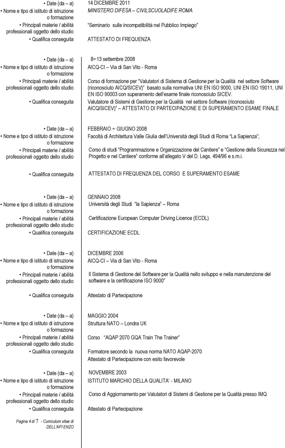 per la Qualità nel settore Software (riconosciuto AICQ/SICEV) basato sulla normativa UNI EN ISO 9000, UNI EN ISO 19011, UNI EN ISO 90003 con superamento dell esame finale riconosciuto SICEV.