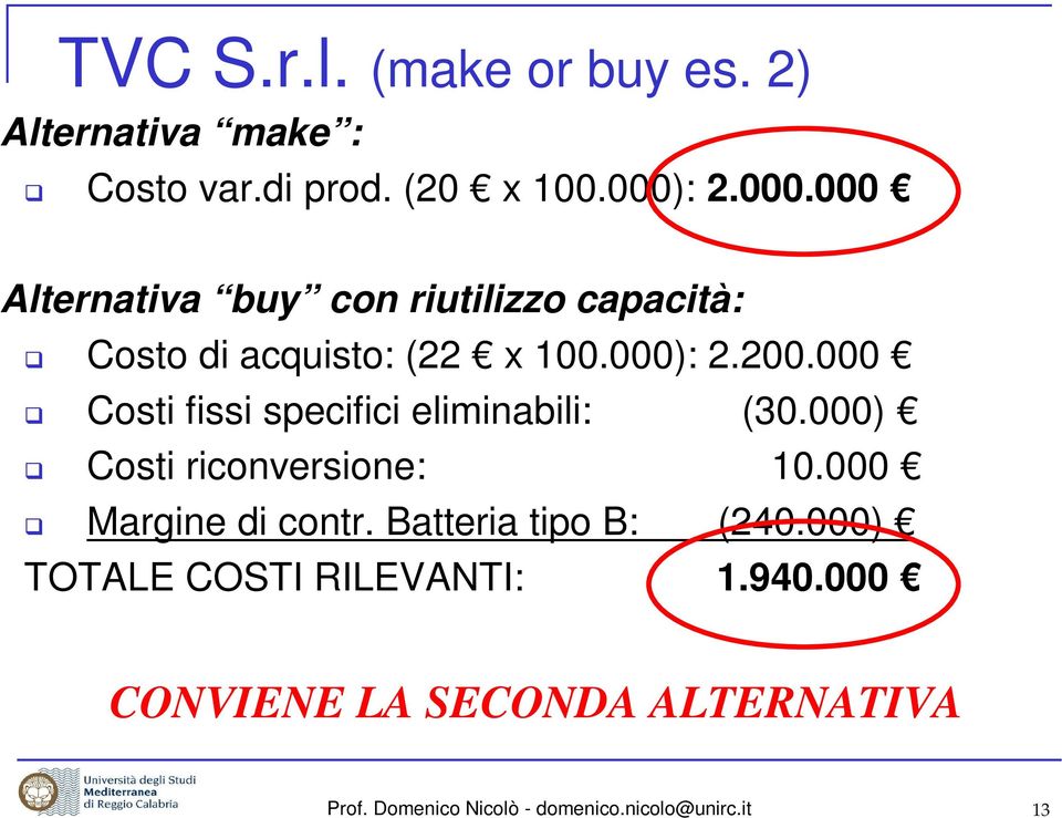 000 Costi fissi specifici eliminabili: (30.000) Costi riconversione: 10.000 Margine di contr.