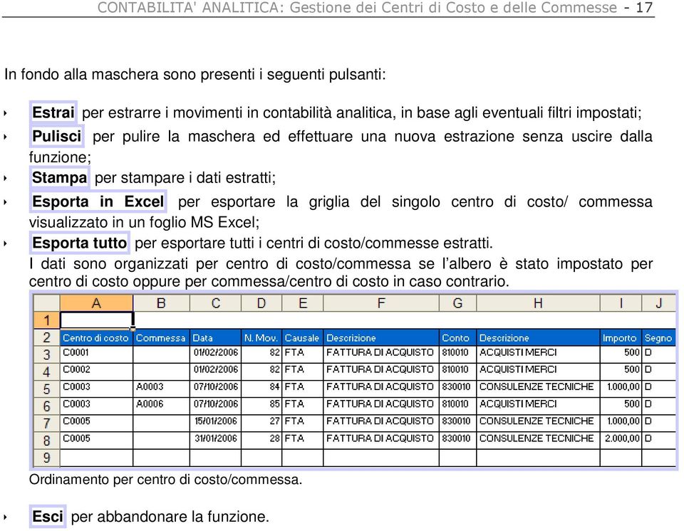 esportare la griglia del singolo centro di costo/ commessa visualizzato in un foglio MS Excel; Esporta tutto per esportare tutti i centri di costo/commesse estratti.