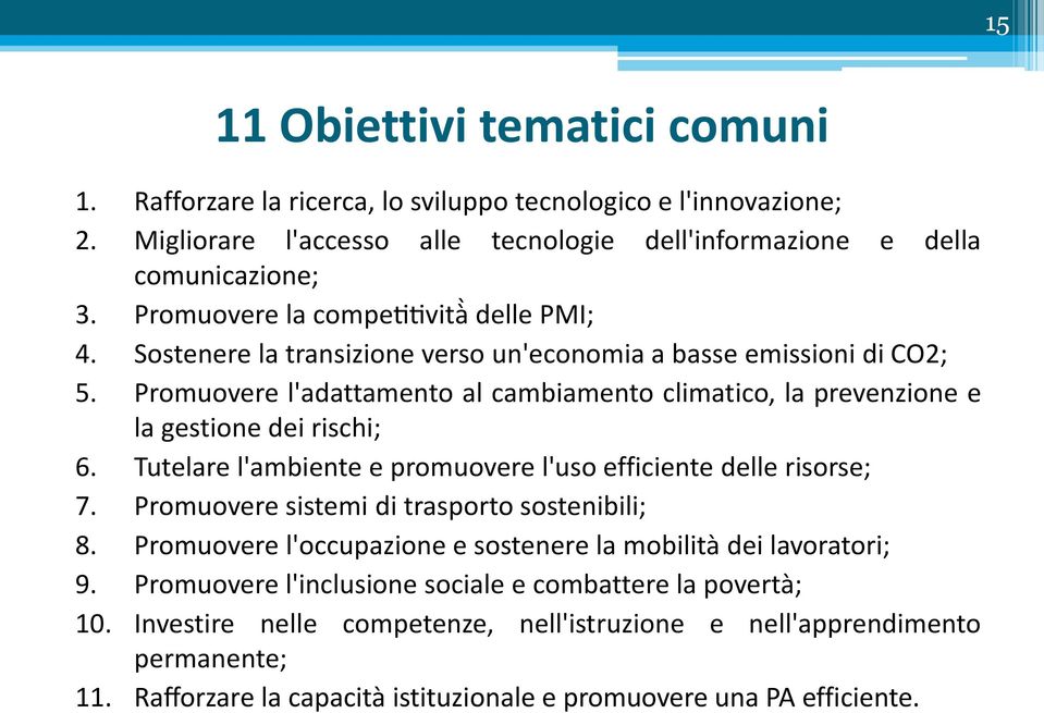 Promuovere l'adattamento al cambiamento climatico, la prevenzione e la gestione dei rischi; 6. Tutelare l'ambiente e promuovere l'uso efficiente delle risorse; 7.