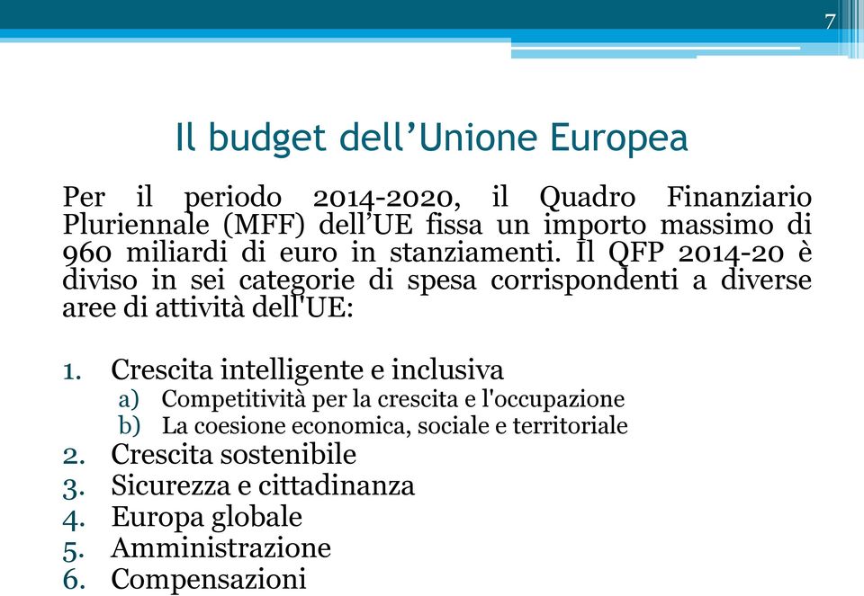 Il QFP 2014-20 è diviso in sei categorie di spesa corrispondenti a diverse aree di attività dell'ue: 1.