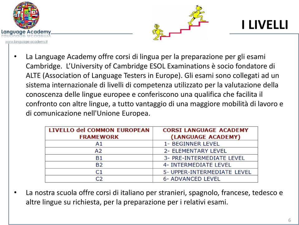 Gli esami sono collegati ad un sistema internazionale di livelli di competenza utilizzato per la valutazione della conoscenza delle lingue europee e conferiscono una