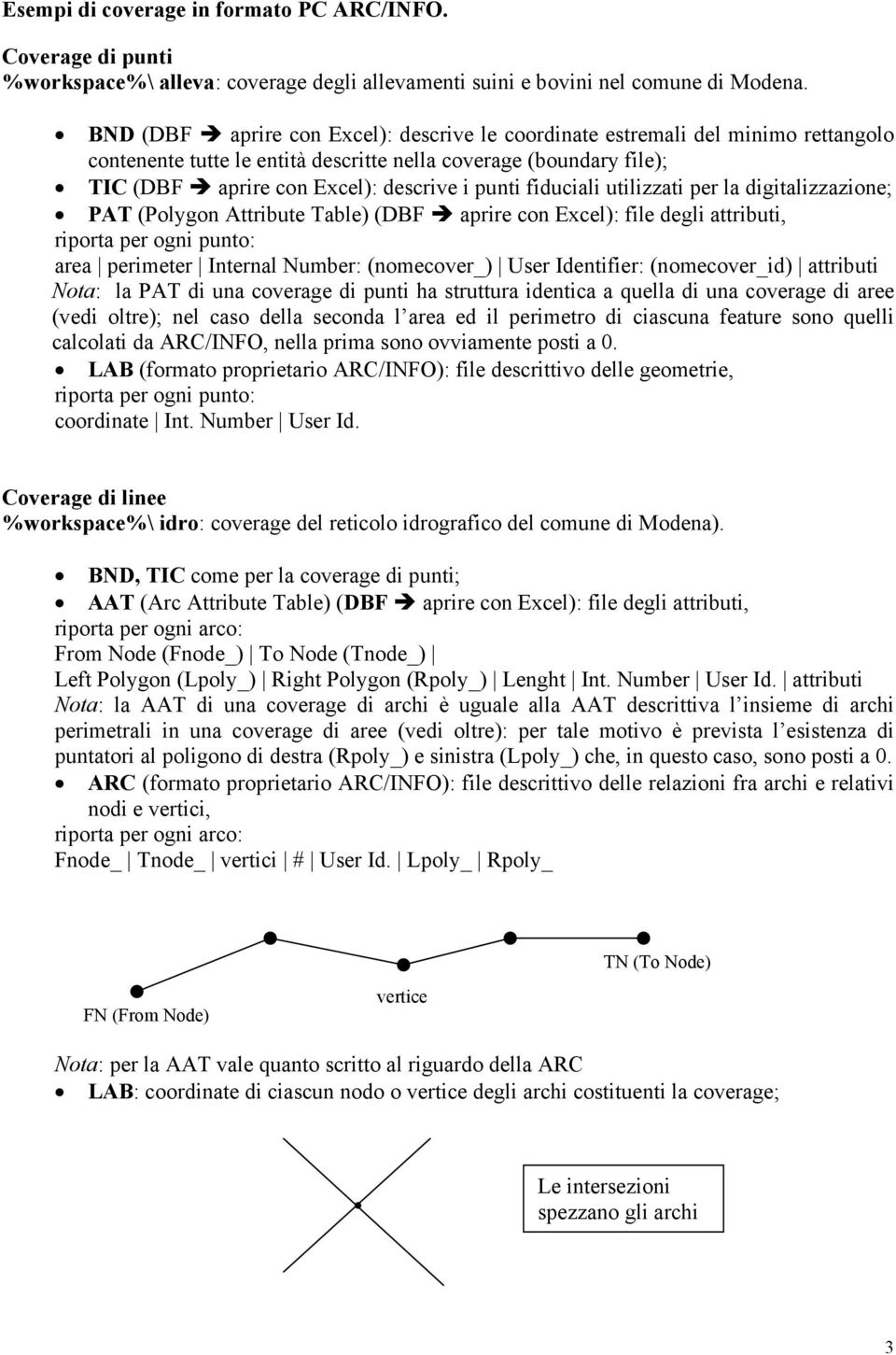 fiduciali utilizzati per la digitalizzazione; PAT (Polygon Attribute Table) (DBF aprire con Excel): file degli attributi, riporta per ogni punto: area perimeter Internal Number: (nomecover_) User