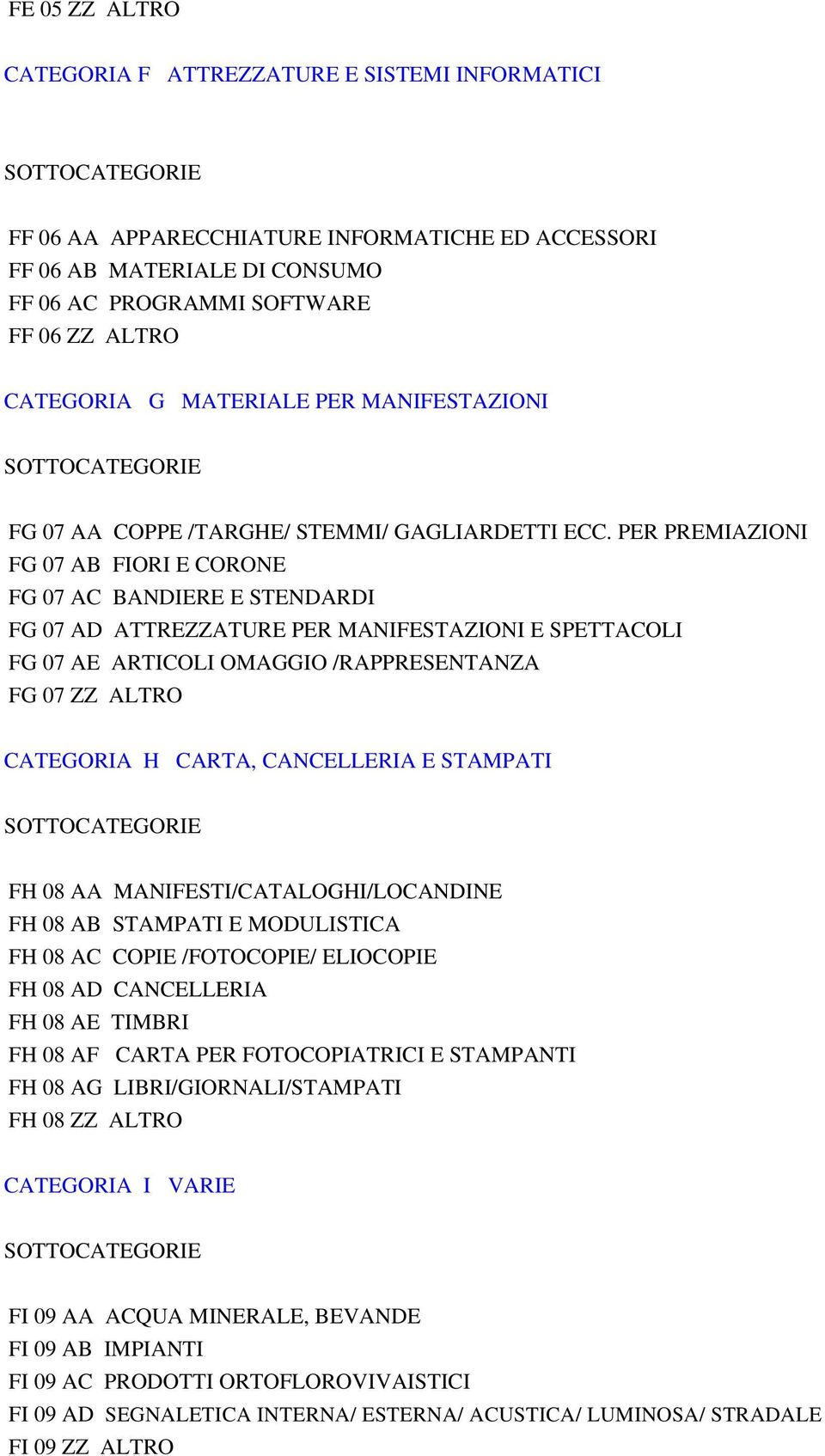 PER PREMIAZIONI FG 07 AB FIORI E CORONE FG 07 AC BANDIERE E STENDARDI FG 07 AD ATTREZZATURE PER MANIFESTAZIONI E SPETTACOLI FG 07 AE ARTICOLI OMAGGIO /RAPPRESENTANZA FG 07 ZZ ALTRO CATEGORIA H CARTA,