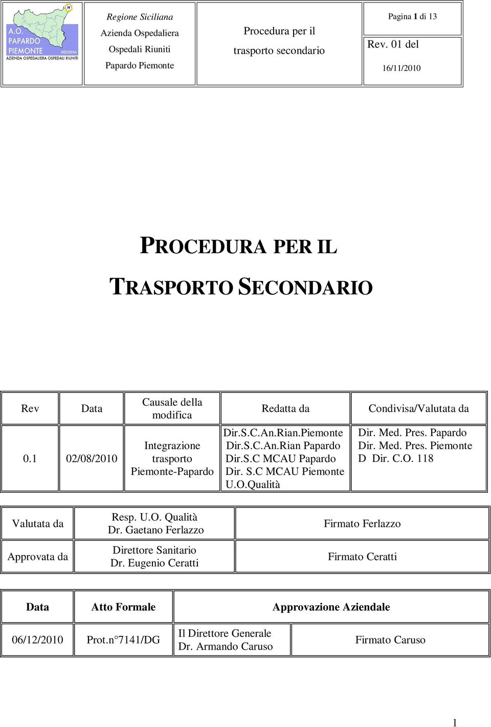 S.C MCAU Piemonte U.O.Qualità Condivisa/Valutata da Dir. Med. Pres. Papardo Dir. Med. Pres. Piemonte D Dir. C.O. 118 Valutata da Approvata da Resp. U.O. Qualità Dr.