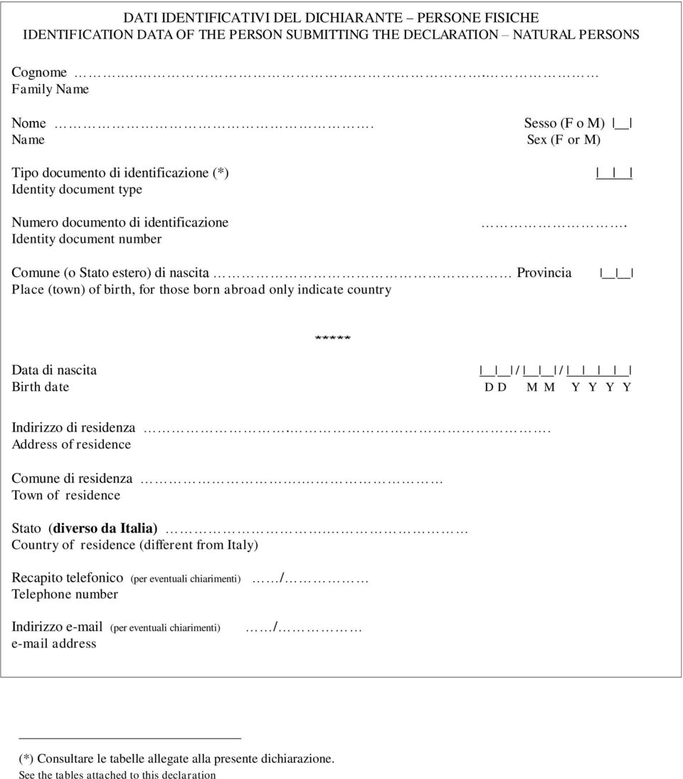 Comune (o Stato estero) di nascita Provincia Place (town) of birth, for those born abroad only indicate country ***** Data di nascita / / Birth date D D M M Y Y Y Y Indirizzo di residenza.