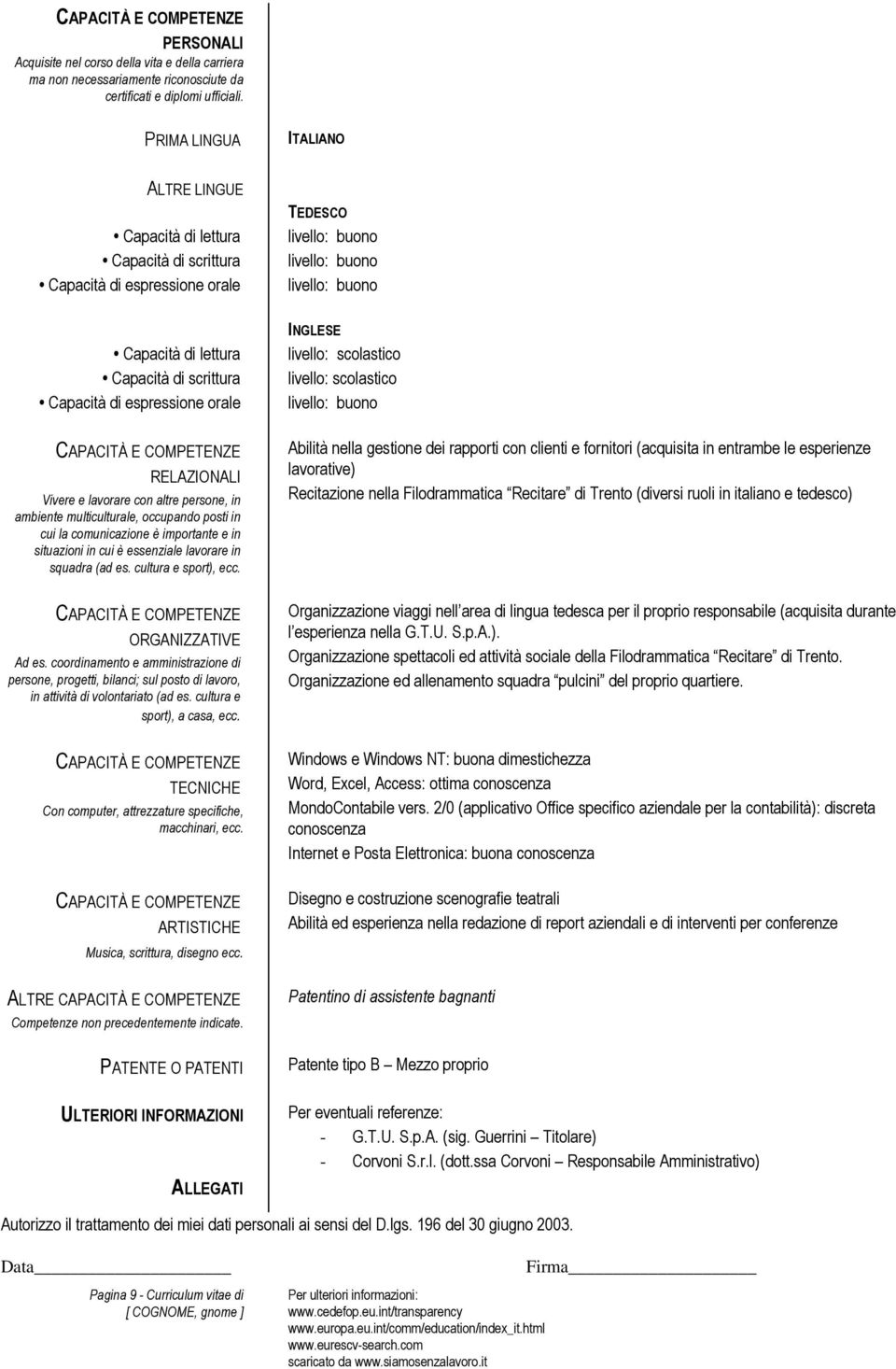 multiculturale, occupando posti in cui la comunicazione è importante e in situazioni in cui è essenziale lavorare in squadra (ad es. cultura e sport), ecc. ORGANIZZATIVE Ad es.