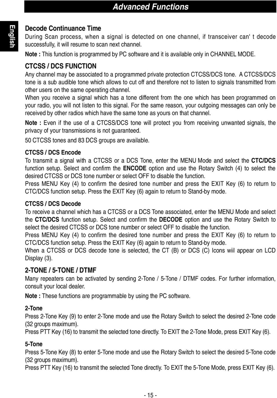 A CTCSS/DCS tone is a sub audible tone which allows to cut off and therefore not to listen to signals transmitted from other users on the same operating channel.