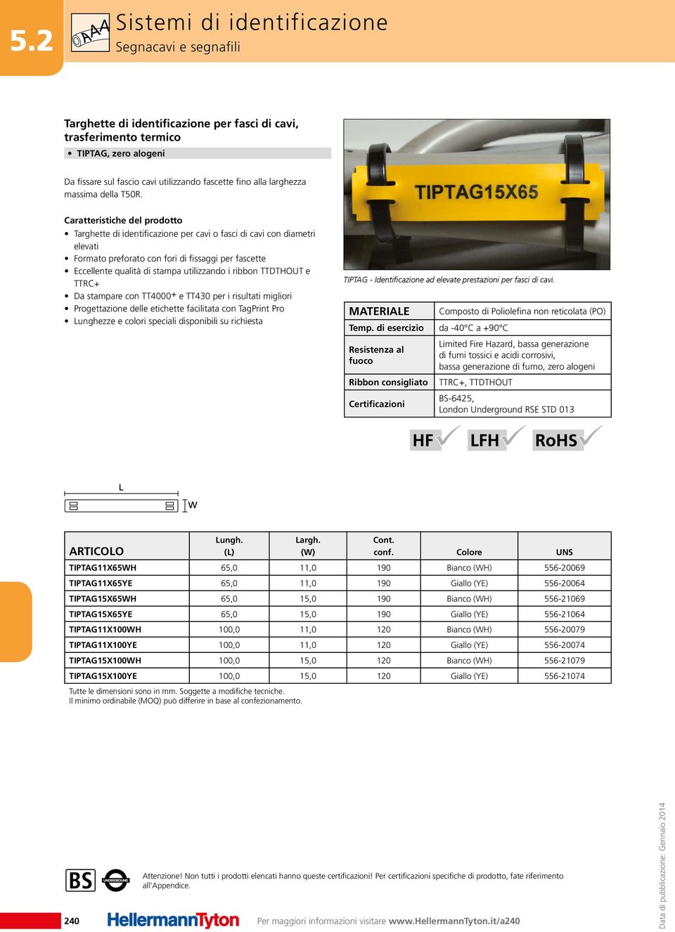 Targhette di identificazione per cavi o fasci di cavi con diametri elevati Formato preforato con fori di fissaggi per fascette Eccellente qualità di stampa utilizzando i ribbon TTDTHOUT e TTRC+ Da