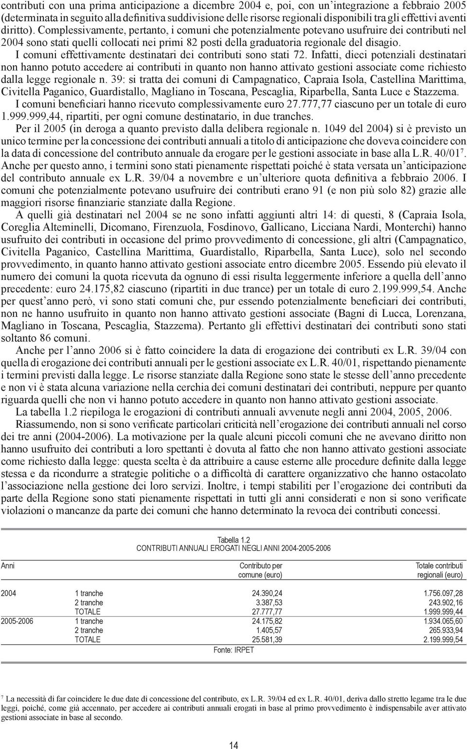 Complessivamente, pertanto, i comuni che potenzialmente potevano usufruire dei contributi nel 2004 sono stati quelli collocati nei primi 82 posti della graduatoria regionale del disagio.