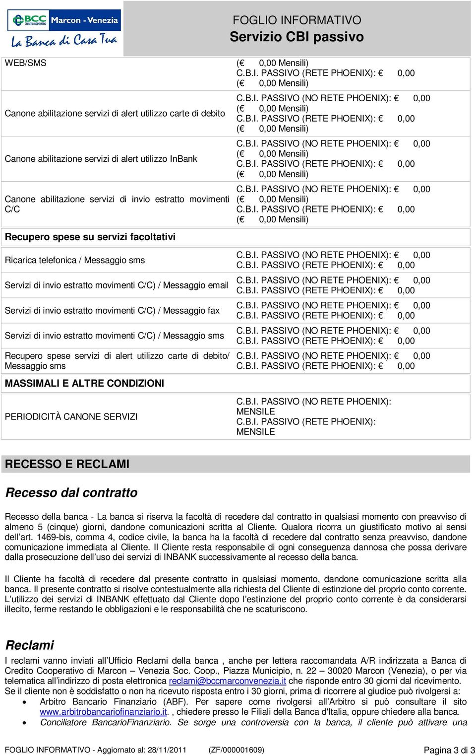 estratto movimenti C/C) / Messaggio sms Recupero spese servizi di alert utilizzo carte di debito/ Messaggio sms MASSIMALI E ALTRE CONDIZIONI PERIODICITÀ CANONE SERVIZI C.B.I. PASSIVO (NO RETE PHOENIX): MENSILE C.