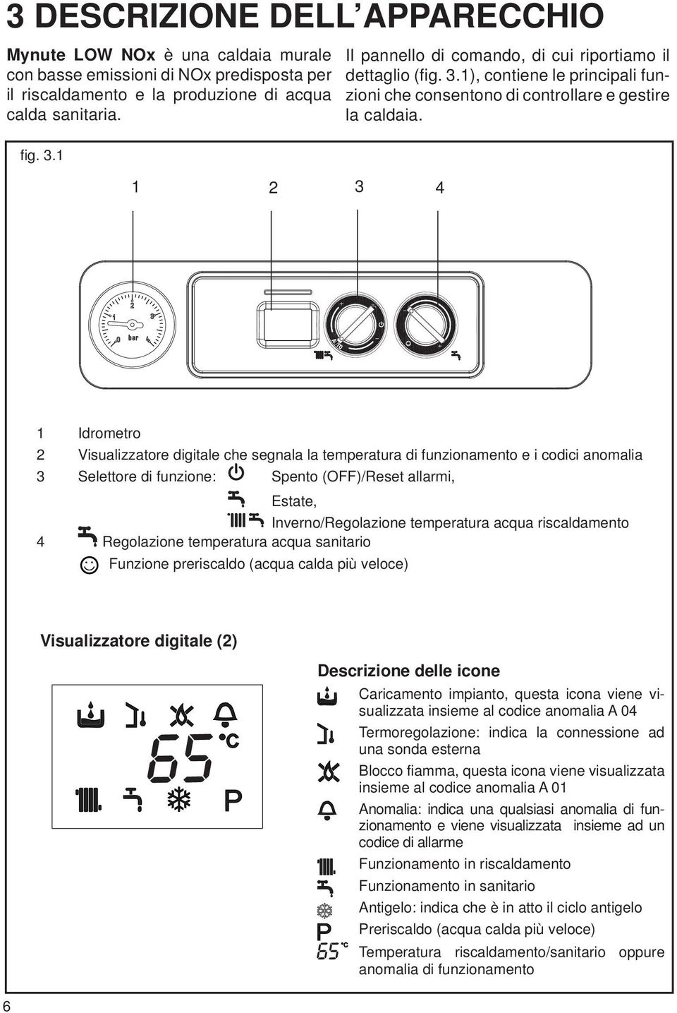 1 2 3 4 1 Idrometro 2 Visualizzatore digitale che segnala la temperatura di funzionamento e i codici anomalia 3 Selettore di funzione: Spento (OFF)/Reset allarmi, Estate, Inverno/Regolazione