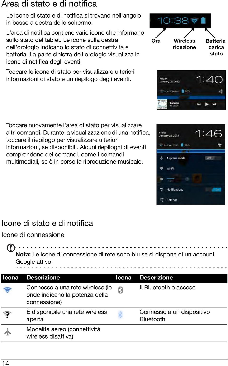 Toccare le icone di stato per visualizzare ulteriori informazioni di stato e un riepilogo degli eventi.