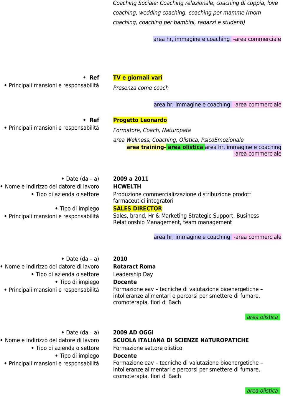 PsicoEmozionale area training- area olistica area hr, immagine e coaching -area commerciale Tipo di azienda o settore 2009 a 2011 HCWELTH Produzione commercializzazione distribuzione prodotti