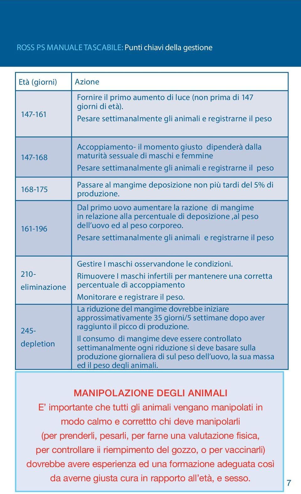 animali e registrarne il peso Passare al mangime deposizione non più tardi del 5% di produzione.