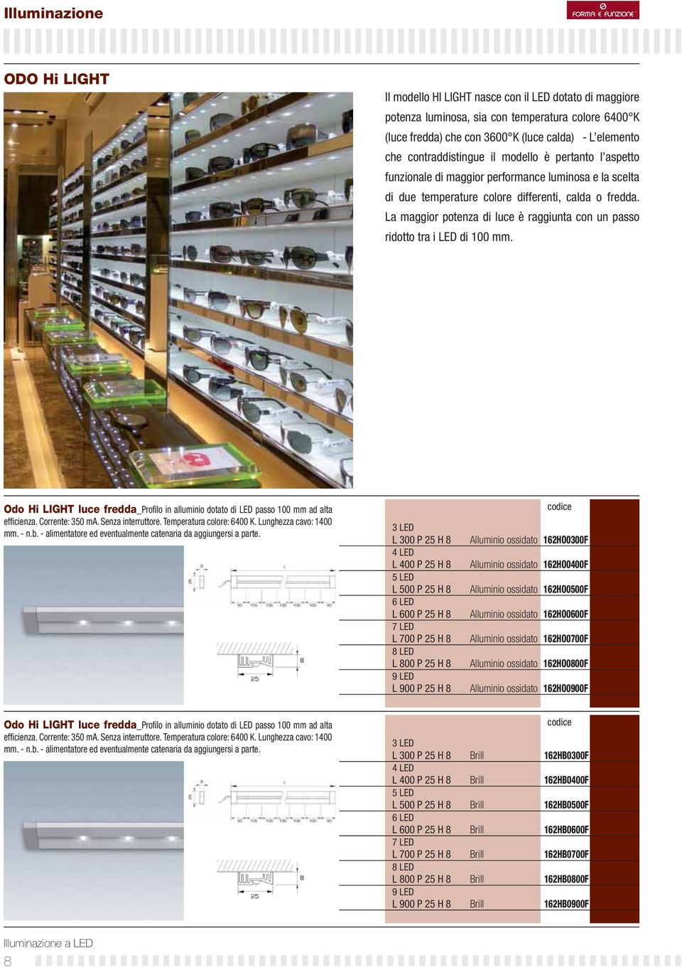 La maggior potenza di luce è raggiunta con un passo ridotto tra i LED di 100 mm. Odo Hi LIGHT luce fredda_profilo in alluminio dotato di LED passo 100 mm ad alta efficienza. Corrente: 350 ma.