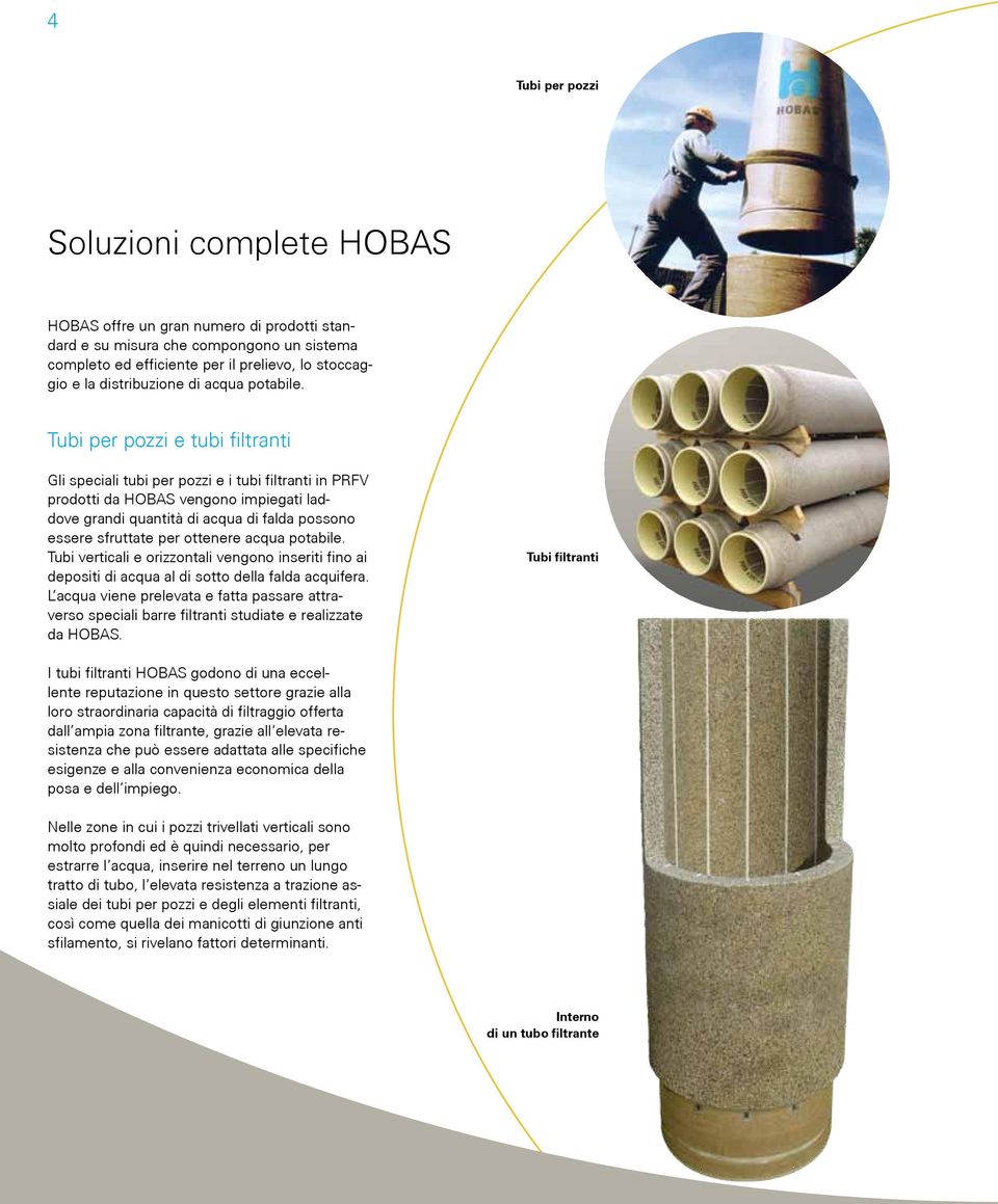 Tubi per pozzi e tubi filtranti Gli speciali tubi per pozzi e i tubi filtranti in PRFV prodotti da HOBAS vengono impiegati laddove grandi quantità di acqua di falda possono essere sfruttate per