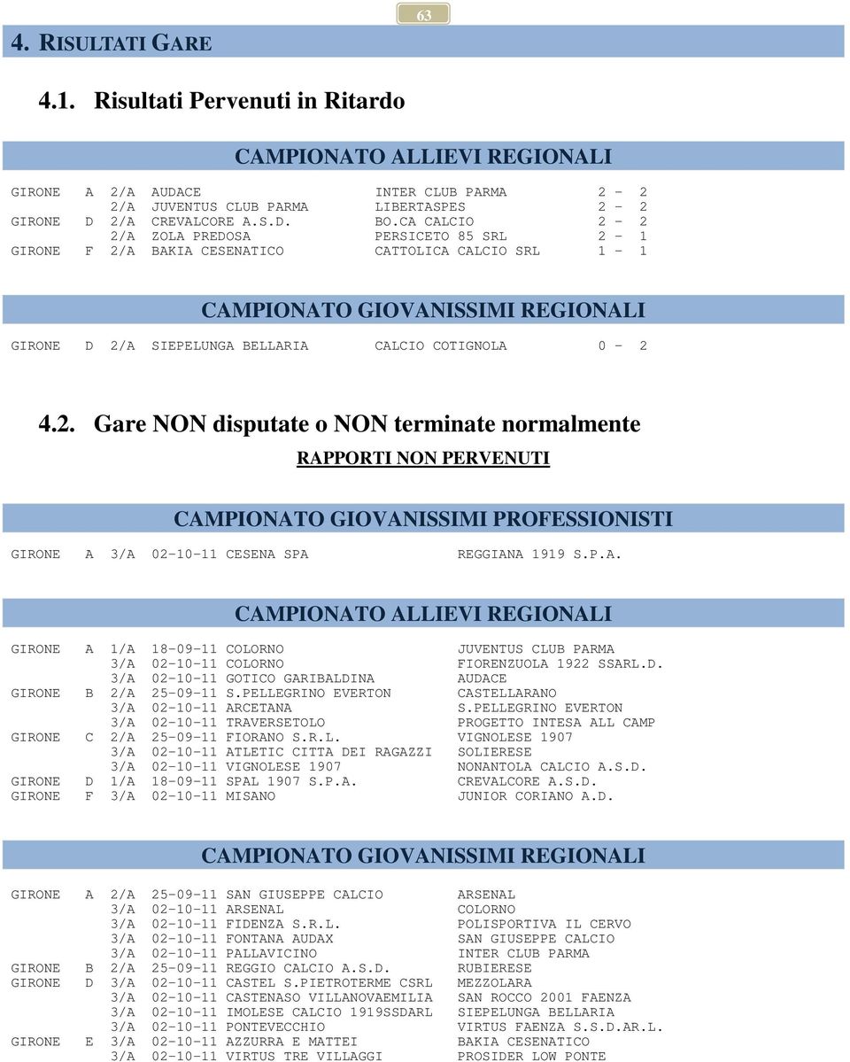 P.A. CAMPIONATO ALLIEVI REGIONALI GIRONE A 1/A 18-09-11 COLORNO JUVENTUS CLUB PARMA 3/A 02-10-11 COLORNO FIORENZUOLA 1922 SSARL.D. 3/A 02-10-11 GOTICO GARIBALDINA AUDACE GIRONE B 2/A 25-09-11 S.