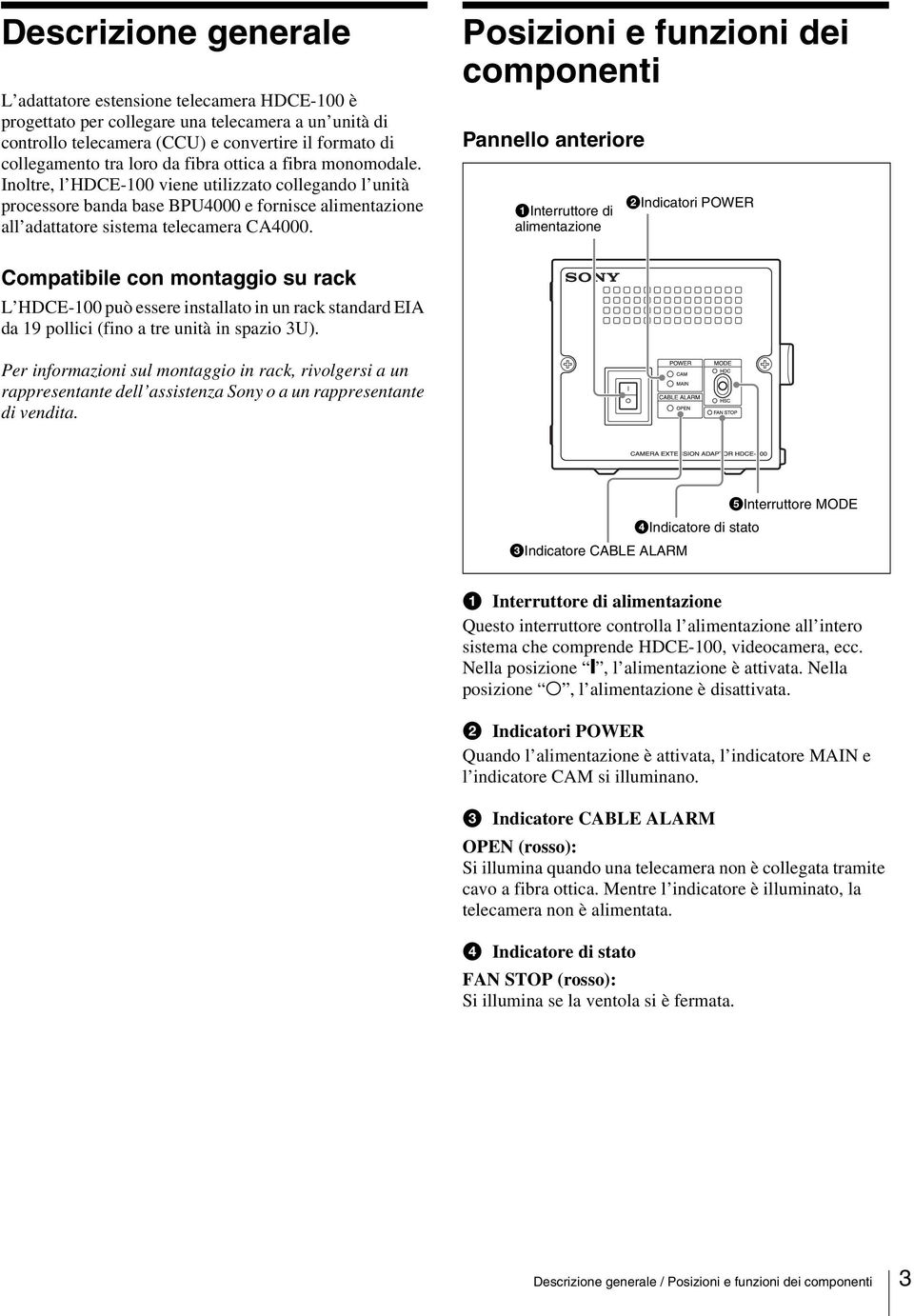 Posizioni e funzioni dei componenti Pannello anteriore 1Interruttore di alimentazione 2Indicatori POWER Compatibile con montaggio su rack L HDCE-100 può essere installato in un rack standard EIA da