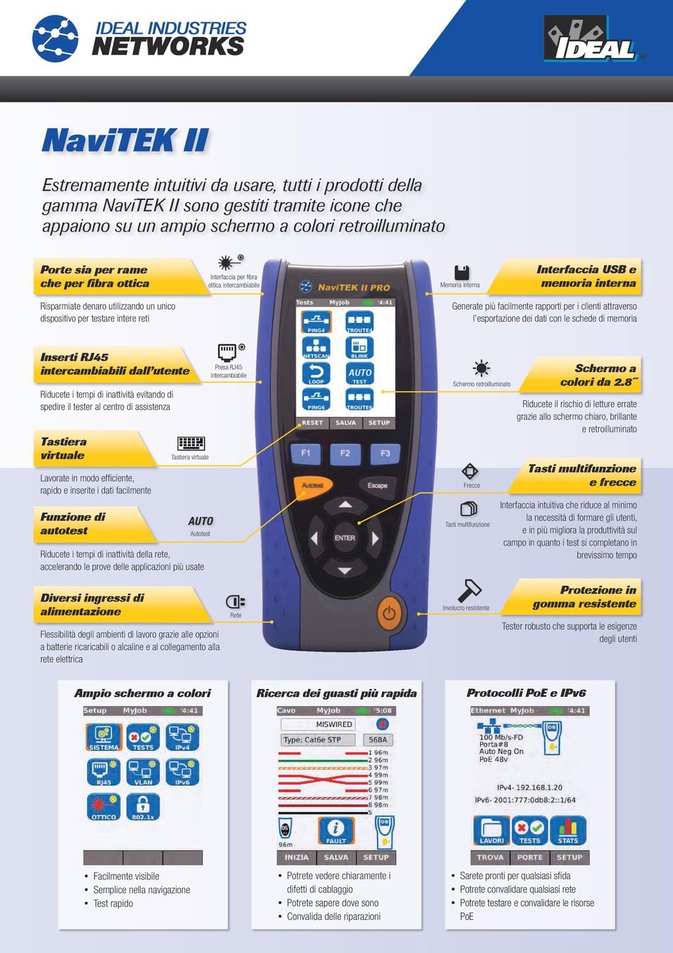 rapporti per i clienti attraverso l esportazione dei dati con le schede di memoria Inserti RJ45 intercambiabili dall utente Riducete i tempi di inattività evitando di spedire il tester al centro di