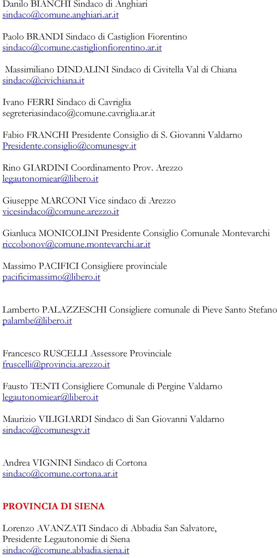 it Rino GIARDINI Coordinamento Prov. Arezzo legautonomiear@libero.it Giuseppe MARCONI Vice sindaco di Arezzo vicesindaco@comune.arezzo.