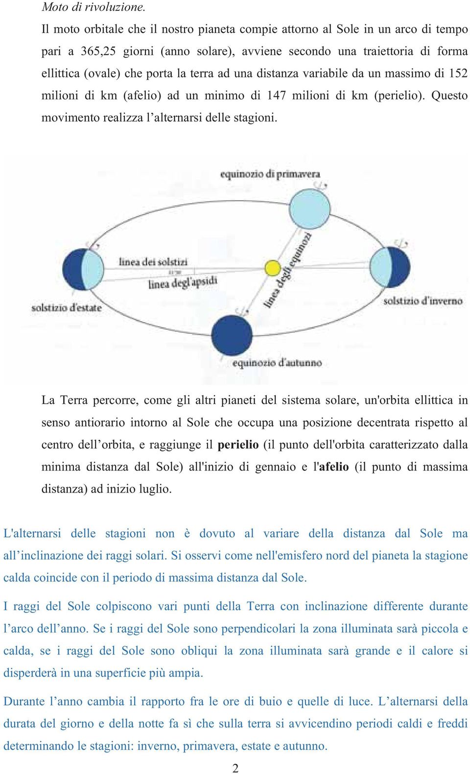 una distanza variabile da un massimo di 152 milioni di km (afelio) ad un minimo di 147 milioni di km (perielio). Questo movimento realizza l alternarsi delle stagioni.