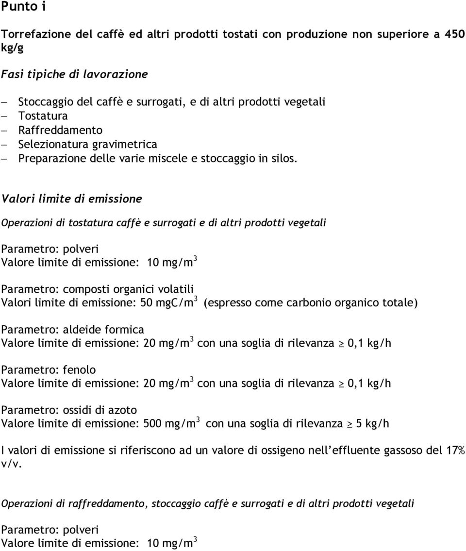 Operazioni di tostatura caffè e surrogati e di altri prodotti vegetali Parametro: polveri Valore limite di emissione: 10 mg/m 3 Parametro: composti organici volatili : 50 mgc/m 3 (espresso come