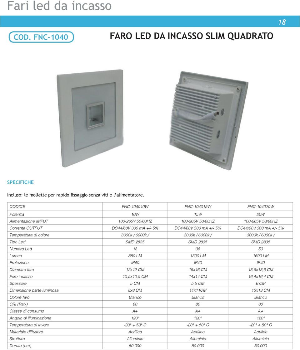 DC44/68V 300 ma +/- 5% Temperatura di colore 3000k / 6000k / 3000k / 6000k / 3000k / 6000k / Tipo Led SMD 2835 SMD 2835 SMD 2835 Numero Led 18 36 50 Lumen 880 LM 1300 LM 1690 LM Protezione IP40 IP40