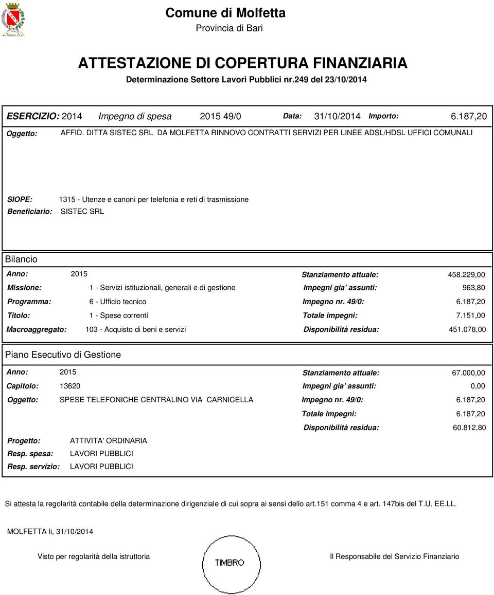 DITTA SISTEC SRL DA MOLFETTA RINNOVO CONTRATTI SERVIZI PER LINEE ADSL/HDSL UFFICI COMUNALI SIOPE: Beneficiario: 1315 - Utenze e canoni per telefonia e reti di trasmissione SISTEC SRL Bilancio Anno: