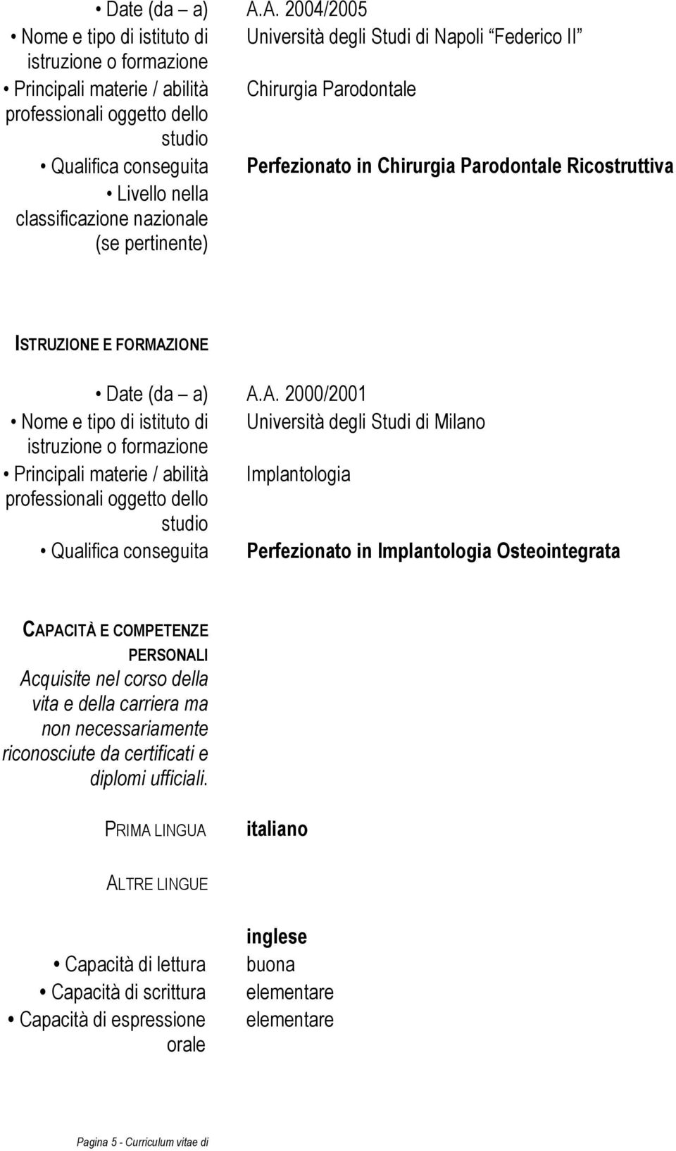 Qualifica conseguita Perfezionato in Chirurgia Parodontale Ricostruttiva Livello nella classificazione nazionale (se pertinente) ISTRUZIONE E FORMAZIONE A.