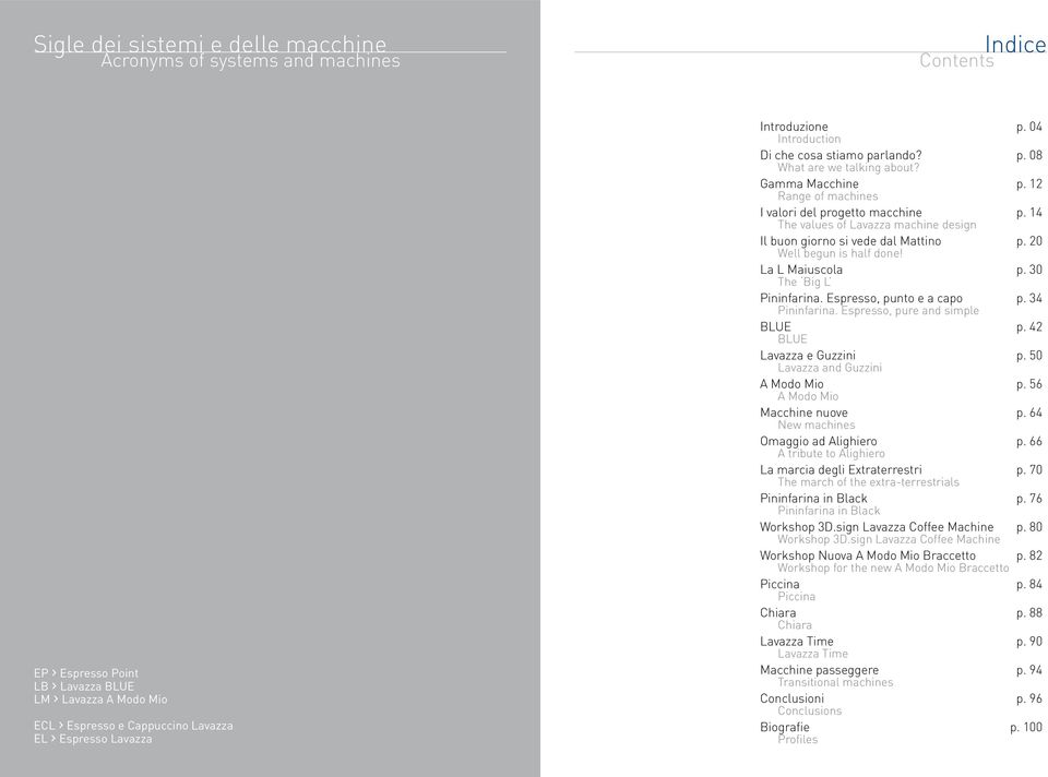 14 The values of Lavazza machine design Il buon giorno si vede dal Mattino p. 20 Well begun is half done! La L Maiuscola p. 30 The Big L Pininfarina. Espresso, punto e a capo p. 34 Pininfarina.