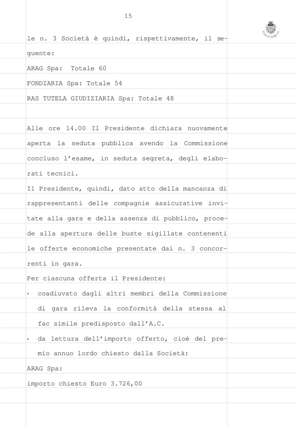 Il Presidente, quindi, dato atto della mancanza di rappresentanti delle compagnie assicurative invitate alla gara e della assenza di pubblico, procede alla apertura delle buste sigillate contenenti