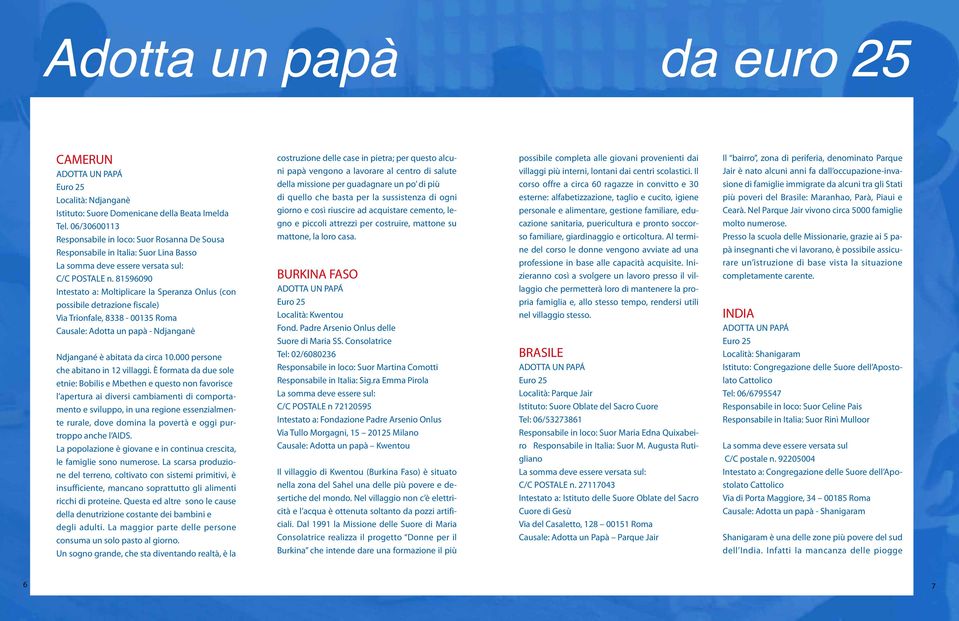 81596090 Intestato a: Moltiplicare la Speranza Onlus (con possibile detrazione fiscale) Via Trionfale, 8338-00135 Roma Causale: Adotta un papà - Ndjanganè Ndjangané è abitata da circa 10.