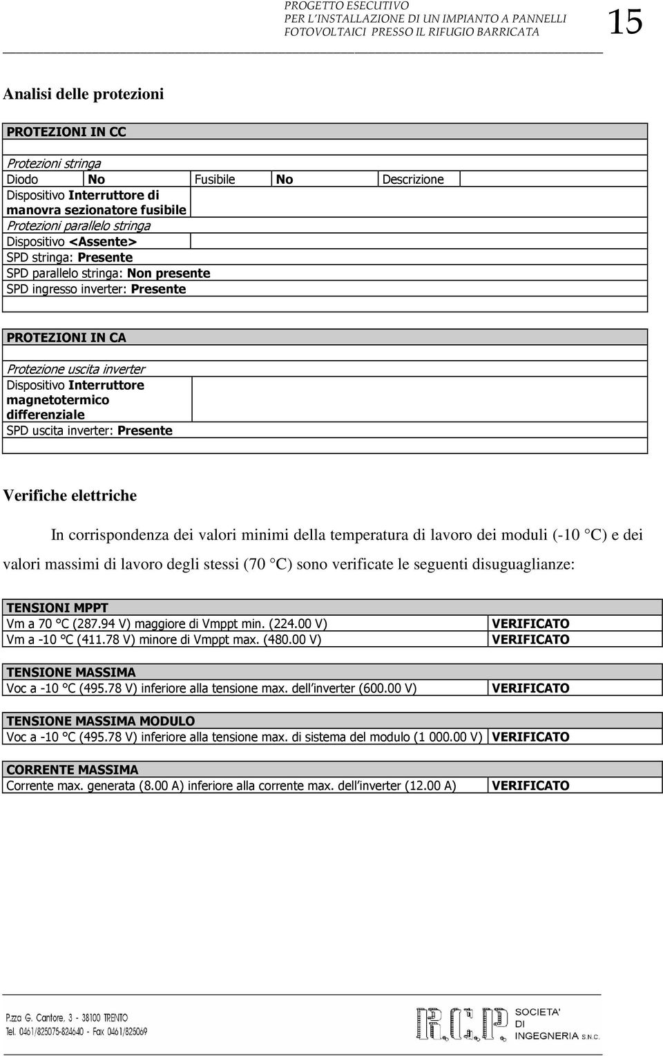 Interruttore magnetotermico differenziale SPD uscita inverter: Presente Verifiche elettriche In corrispondenza dei valori minimi della temperatura di lavoro dei moduli (-10 C) e dei valori massimi di