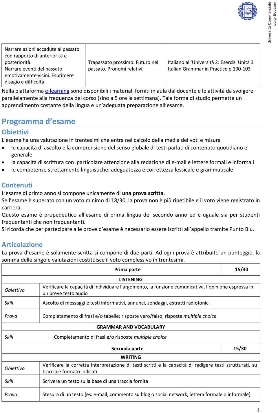 100 103 Nella piattaforma e learning sono disponibili i materiali forniti in aula dal docente e le attività da svolgere parallelamente alla frequenza del corso (sino a 5 ore la settimana).