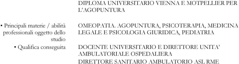 AGOPUNTURA, PSICOTERAPIA, MEDICINA LEGALE E PSICOLOGIA GIURIDICA, PEDIATRIA DOCENTE