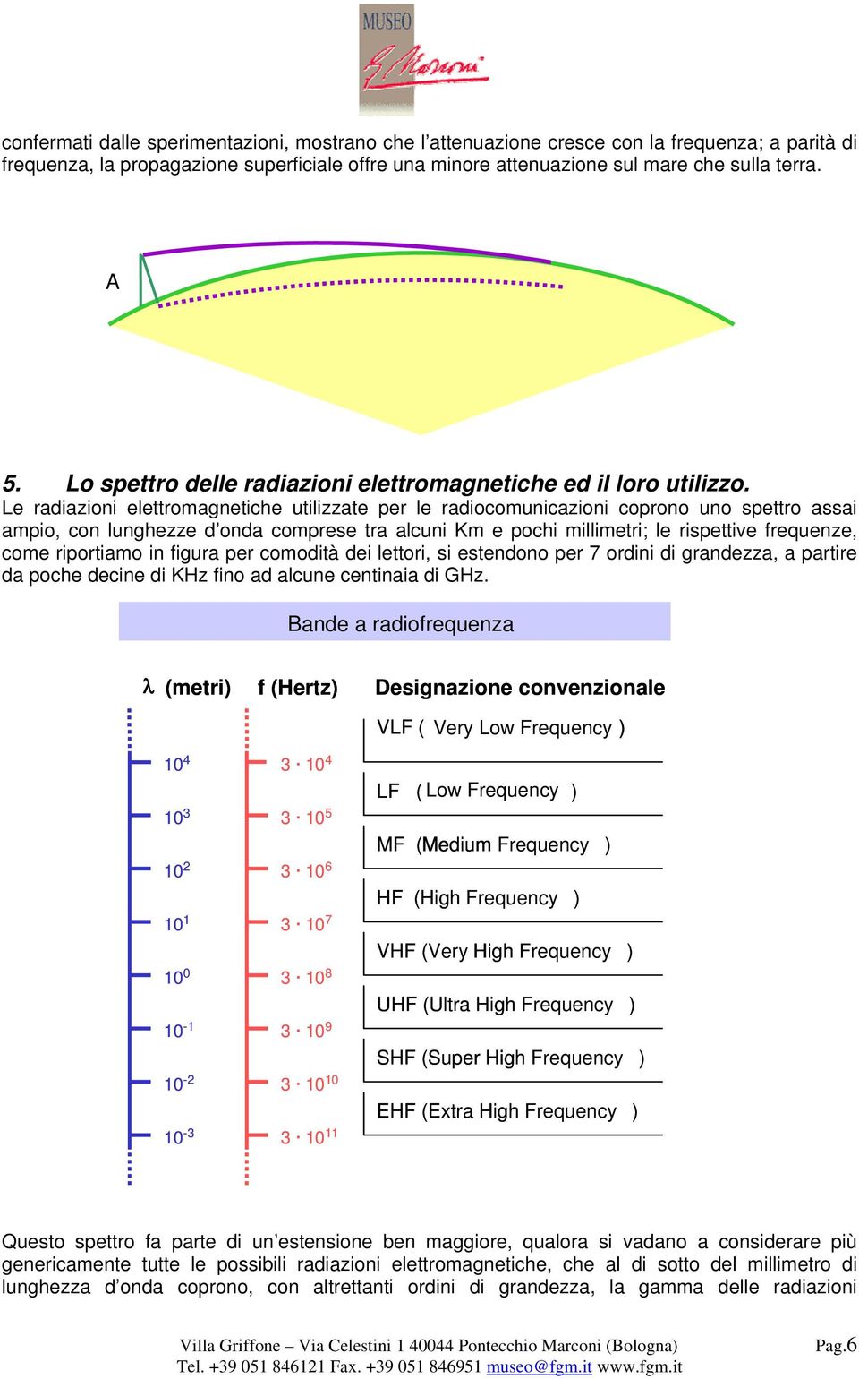 Le radiazioni elettromagnetiche utilizzate per le radiocomunicazioni coprono uno spettro assai ampio, con lunghezze d onda comprese tra alcuni Km e pochi millimetri; le rispettive frequenze, come