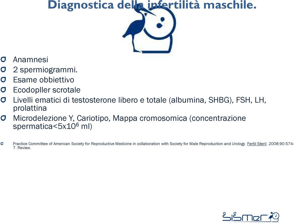 LH, prolattina Microdelezione Y, Cariotipo, Mappa cromosomica (concentrazione spermatica<5x10 6 ml) Practice