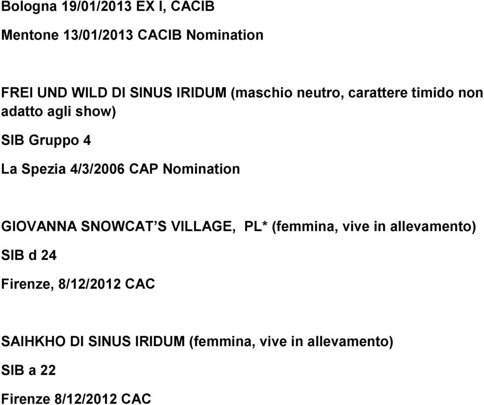 CAP Nomination GIOVANNA SNOWCAT S VILLAGE, PL* (femmina, vive in allevamento) SIB d 24