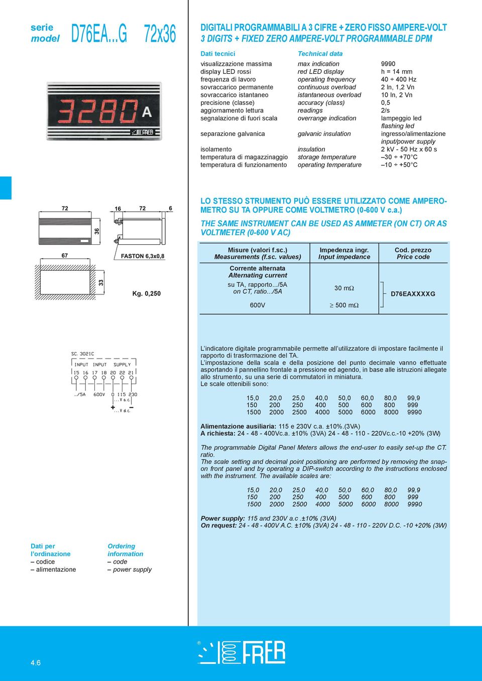 overrange indication lampeggio led flashing led isolamento insulation 2 kv - 50 Hz x 60 s LO STESSO STRUMENTO PUÒ ESSERE UTILIZZATO COME AMPERO- METRO SU TA OPPURE COME VOLTMETRO (0-600 V c.a.) THE SAME INSTRUMENT CAN BE USED AS AMMETER (ON CT) OR AS VOLTMETER (0-600 V AC) Kg.