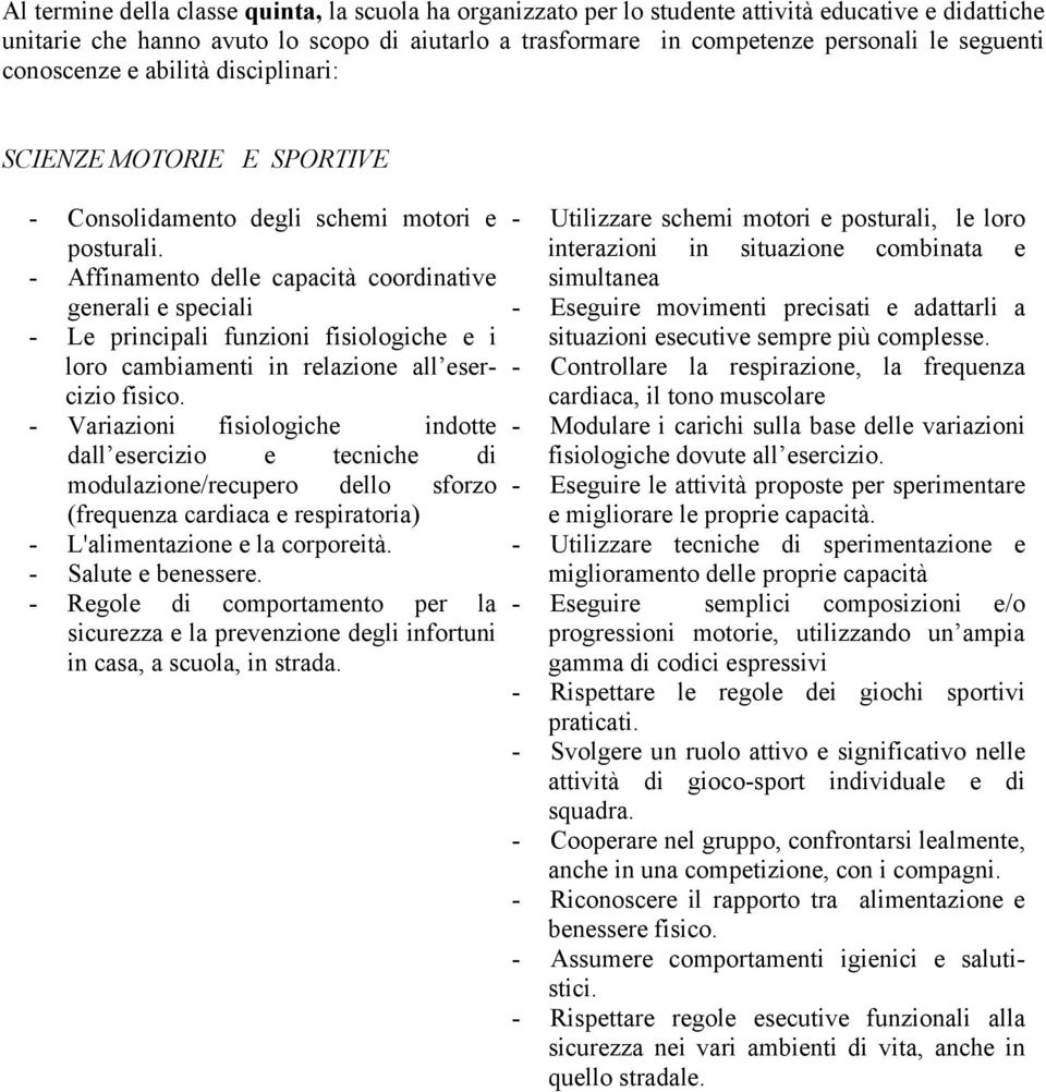 - Affinamento delle capacità coordinative generali e speciali - Le principali funzioni fisiologiche e i loro cambiamenti in relazione all esercizio fisico.