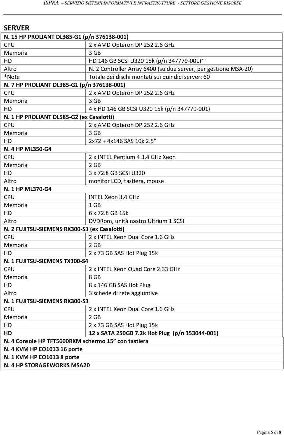 6 GHz 3 GB 4 x 146 GB SCSI U320 15k (p/n 347779-001) N. 1 HP PROLIANT DL585-G2 (ex Casalotti) 2 x AMD Opteron DP 252 2.6 GHz 3 GB 2x72 + 4x146 SAS 10k 2.5ö N. 4 HP ML350-G4 2 x INTEL Pentium 4 3.