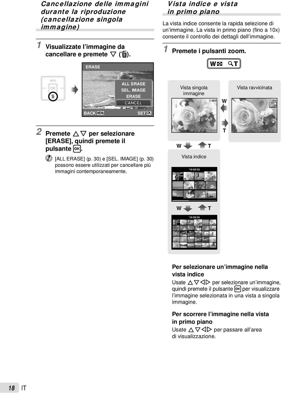 1 Premete i pulsanti zoom. ERASE ALL ERASE SEL. IMAGE ERASE CANCEL Vista singola immagine /30 W Vista ravvicinata /30 BACK MENU 2 Premete FG per selezionare [ERASE], quindi premete il pulsante H.