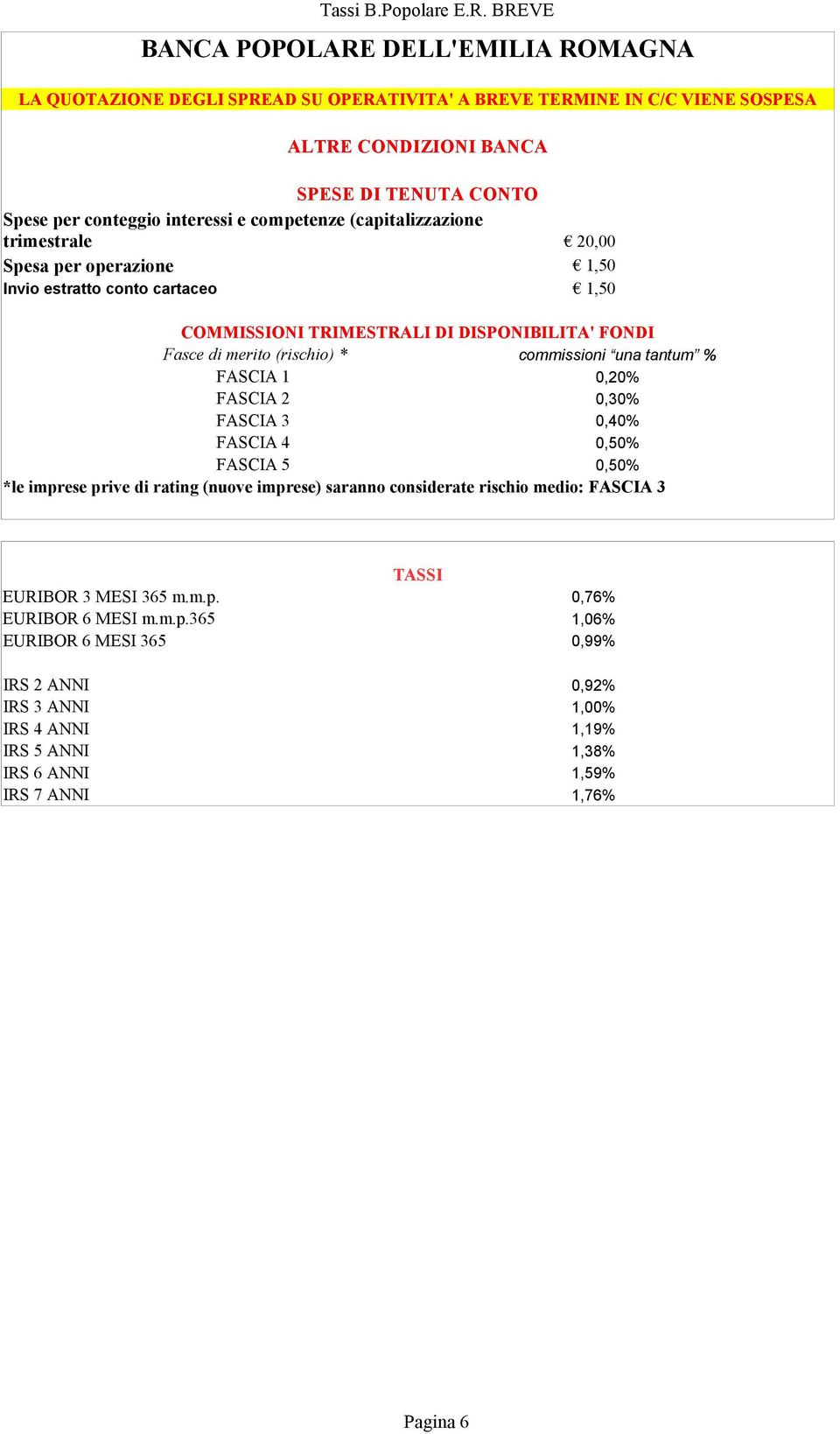 competenze (capitalizzazione trimestrale 20,00 Spesa per operazione 1,50 Invio estratto conto cartaceo 1,50 COMMISSIONI TRIMESTRALI DI DISPONIBILITA' FONDI Fasce di merito (rischio) * commissioni