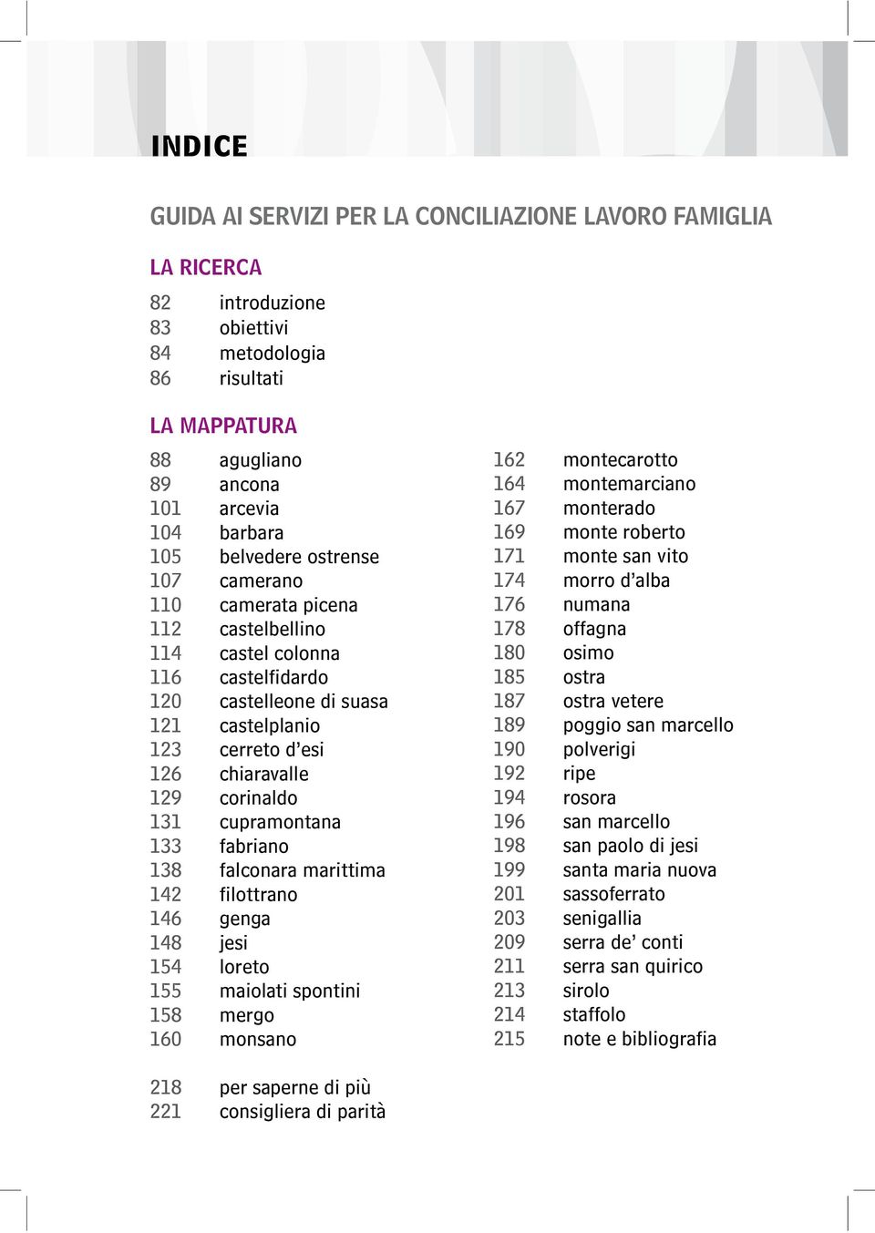 131 cupramontana 133 fabriano 138 falconara marittima 142 filottrano 146 genga 148 jesi 154 loreto 155 maiolati spontini 158 mergo 160 monsano 162 montecarotto 164 montemarciano 167 monterado 169