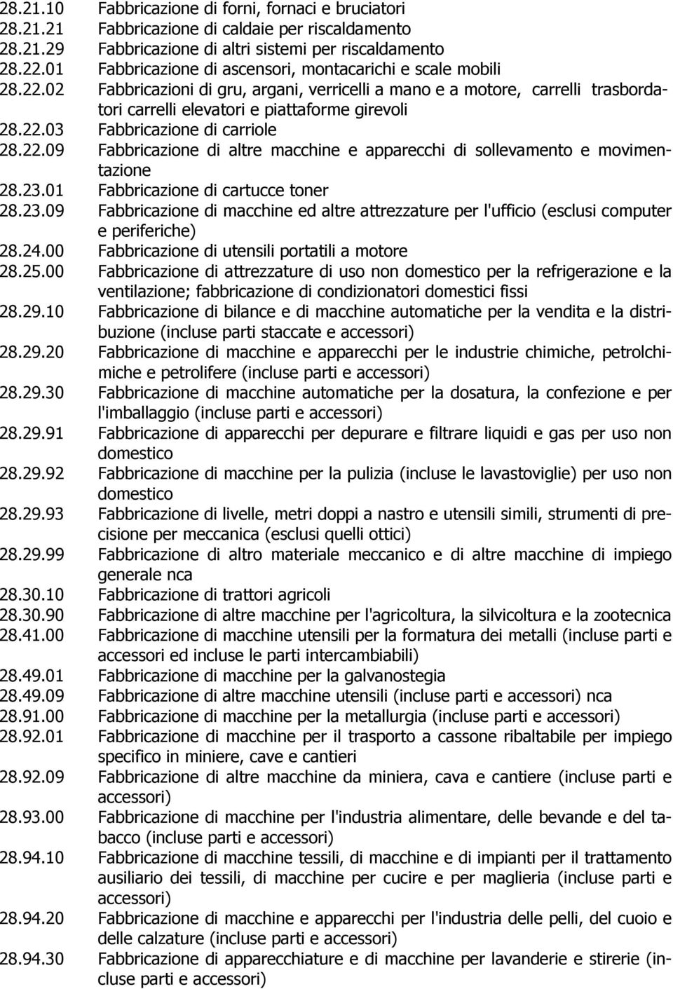 22.09 Fabbricazione di altre macchine e apparecchi di sollevamento e movimentazione 28.23.01 Fabbricazione di cartucce toner 28.23.09 Fabbricazione di macchine ed altre attrezzature per l'ufficio (esclusi computer e periferiche) 28.